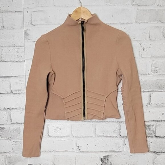 BBXBRAND Luxury Brown Ribbed Zip-Up Cropped Long Sleeve Top - Picture 5 of 7